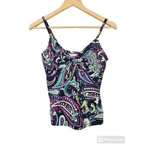 Lands End Tankini Womens Size 8 Purple Paisley‎ Pattern V-Neck Swim Top